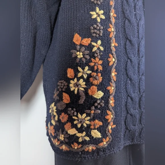 Women's cable knit wool turtle neck embroidered flowers Point Zero 90s M - Picture 4 of 12